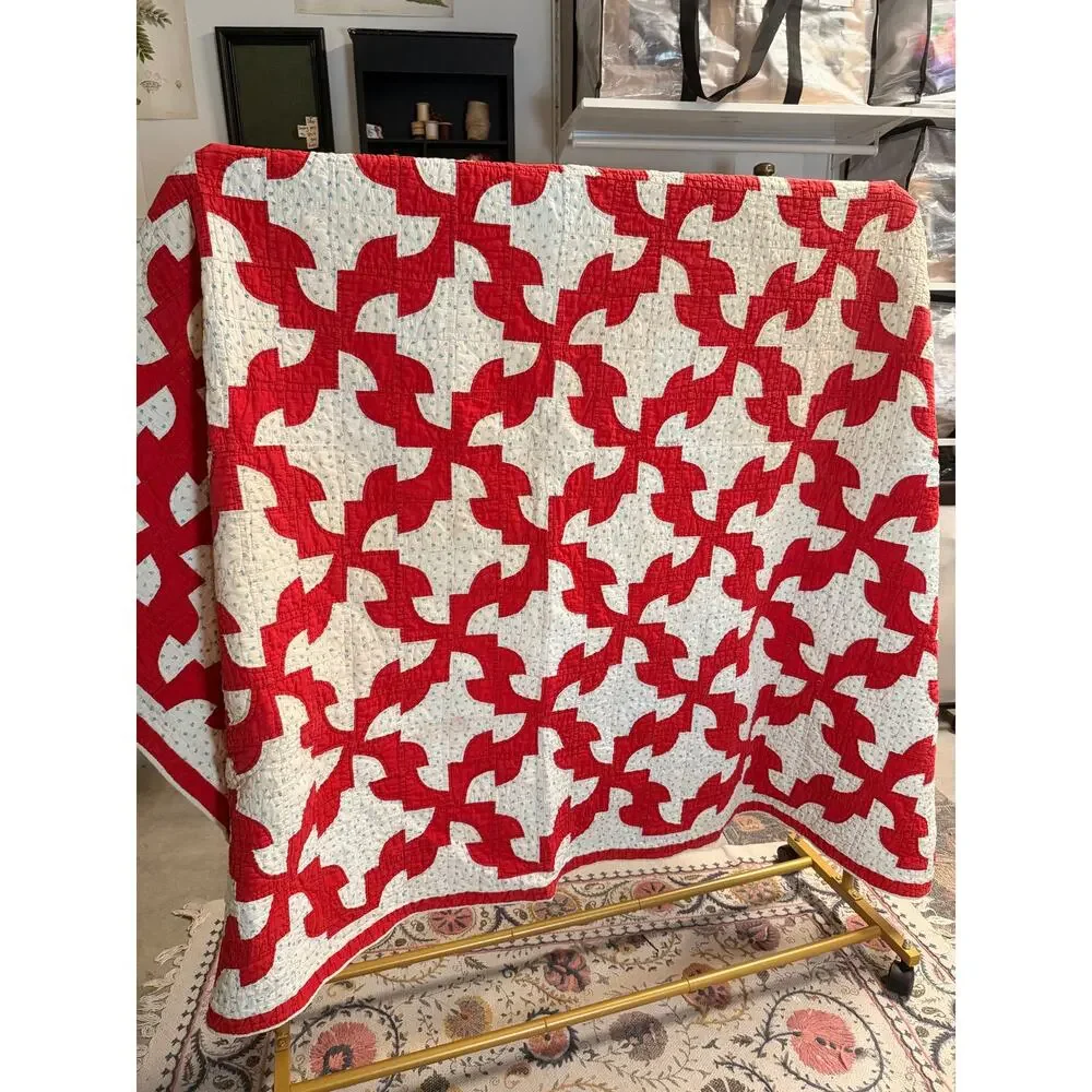 Vintage Handmade Hand Sewn Quilt Red White Blue Floral Cottagecore Farmhouse